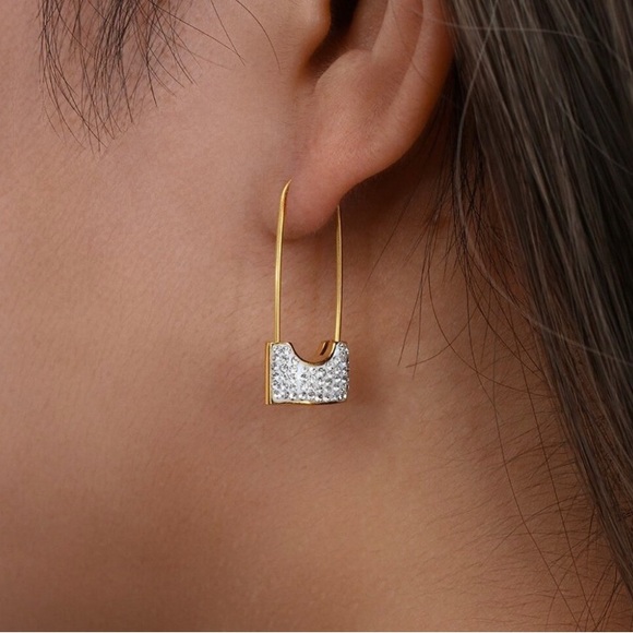 3-in-1 18K Gold Plated Safety pin padlock CZ PAVE Dangle Earrings - Picture 2 of 6